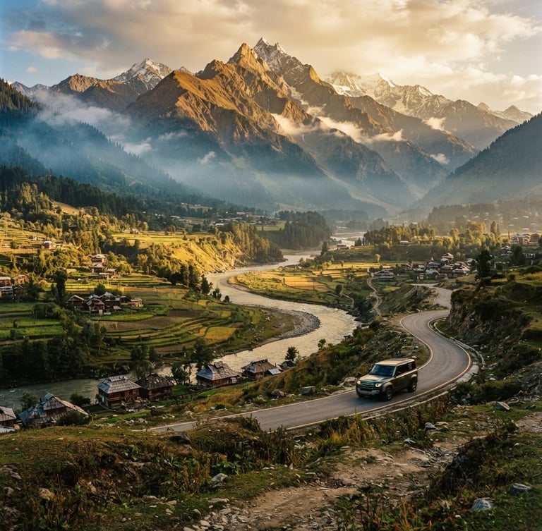 Wide panoramic view of the Gurez Valley at golden hour, dramatic high-altitude mountains, Kishanganga River winding through, a lone luxury SUV on a winding road in the middle distance, soft mountain mist, wide-angle lens, cinematic travel photography