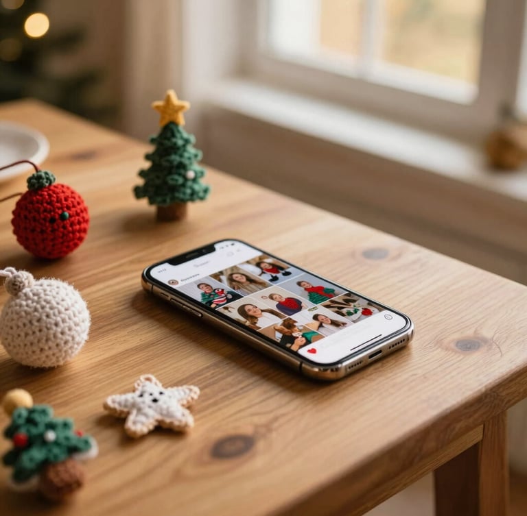 A cozy wooden table with finished crochet Christmas ornaments, a smartphone displaying a friendly group chat with photos of handmade crafts, warm ambient holiday lighting.