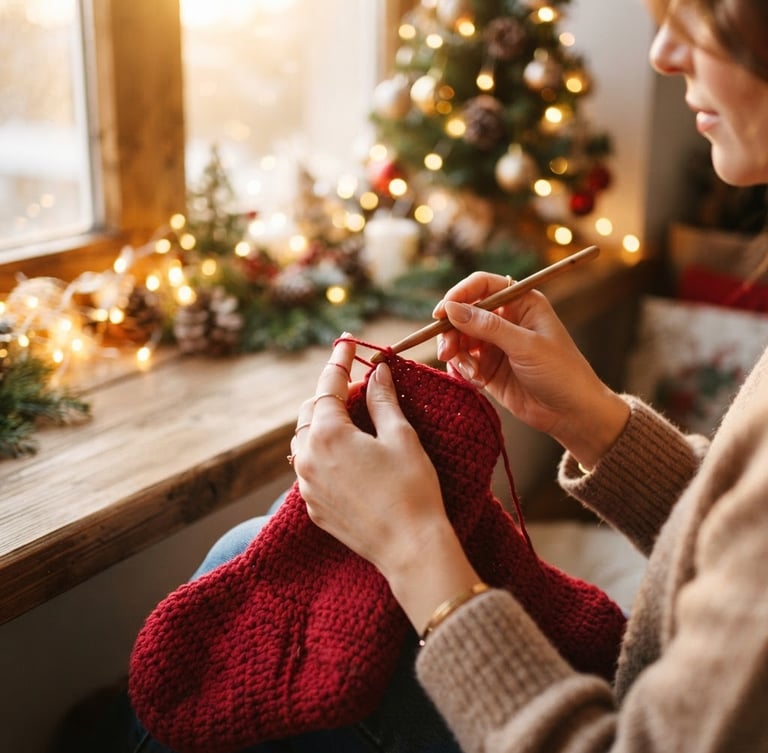 Warm editorial photography of elegant hands crocheting with rich crimson yarn, cozy golden-hour window light, soft festive holiday background, shallow depth of field, 35mm