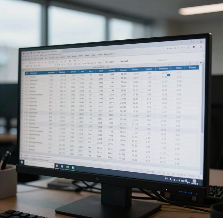 Macro shot of complex financial spreadsheets on a modern monitor screen in a dimly lit corporate office, cool overcast daylight filtering through windows, wide angle