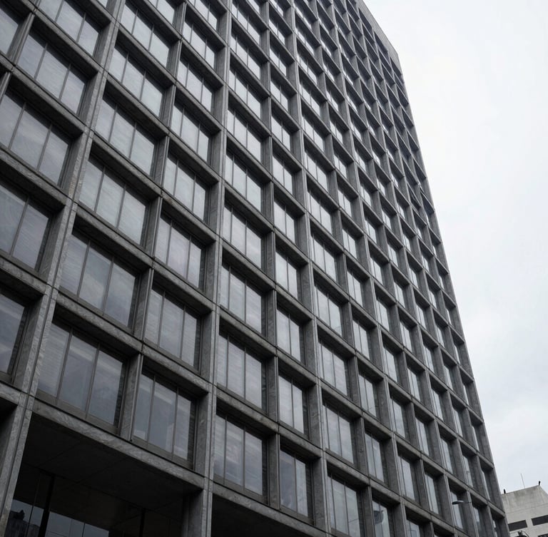Wide architectural detail of a modern corporate building facade in São Paulo, sharp lines, slate gray and steel, soft overcast daylight, generous negative space.