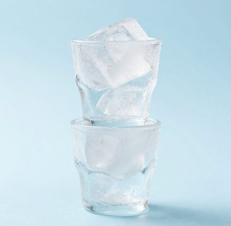 Crisp product photography of frost-dusted ice cups stacked on a minimalist light-blue backdrop, bright high-key studio light, macro ice detail, 50mm