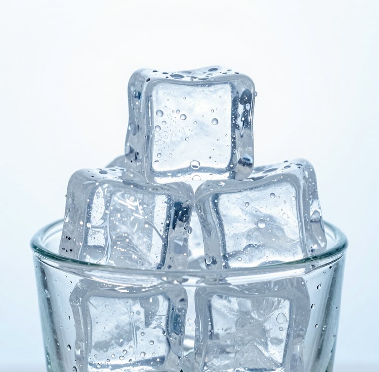 Macro shot of perfectly clear ice cubes stacked in a clean glass, bright high-key studio light, cool blue backlighting, condensation droplets, 50mm