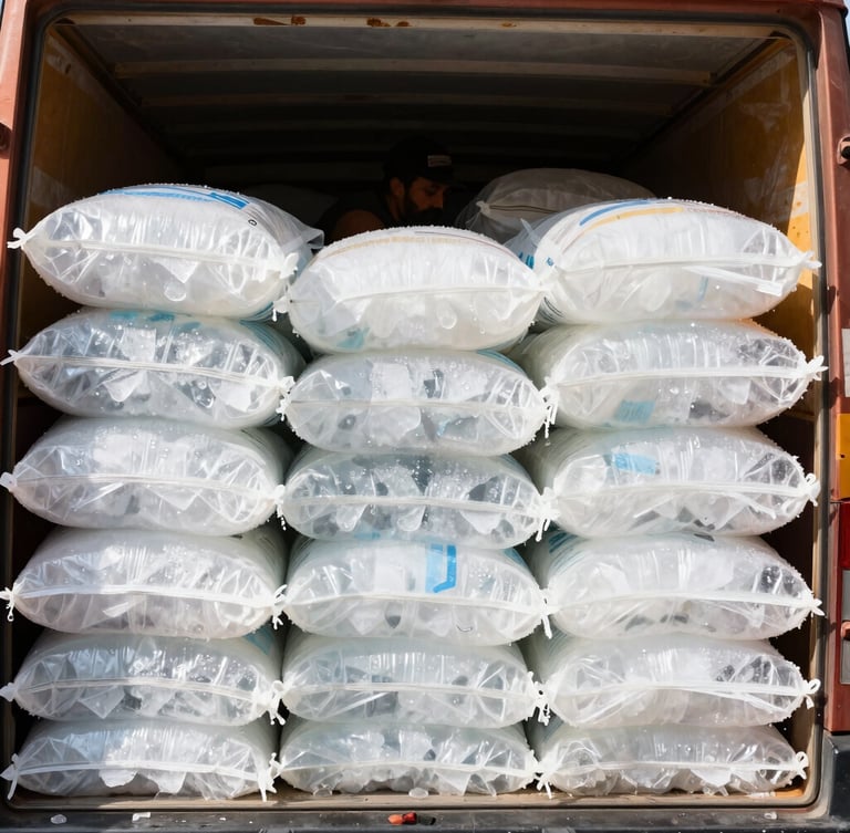 A worker stacking pristine, heavy bags of crystal-clear ice into a delivery truck under bright high-key Egyptian sunlight.