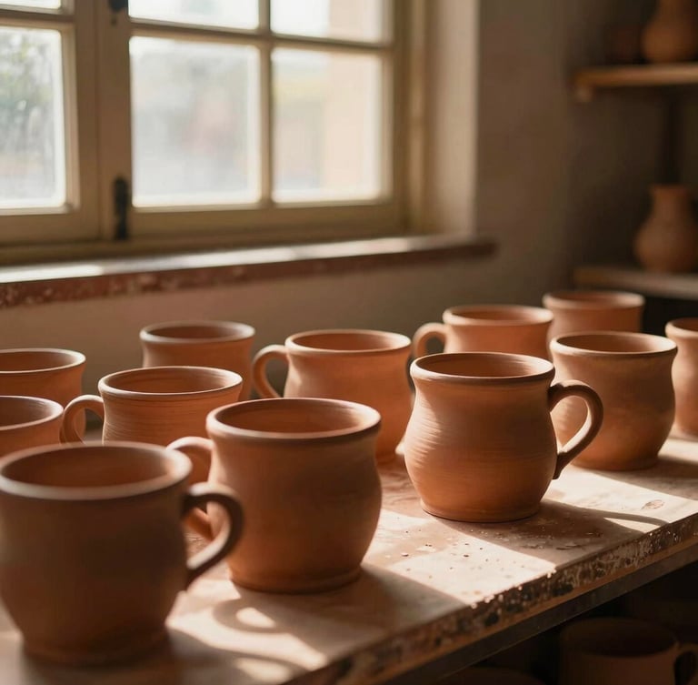 Warm editorial photography of Joana's pottery workshop in Ipatinga, golden-hour window light casting soft shadows on terracotta mugs, 35mm
