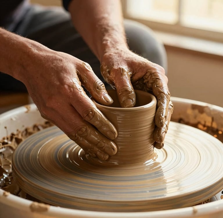 Close-up of hands covered in wet terracotta clay shaping a mug on a pottery wheel, warm golden lighting, shallow depth of field, 35mm