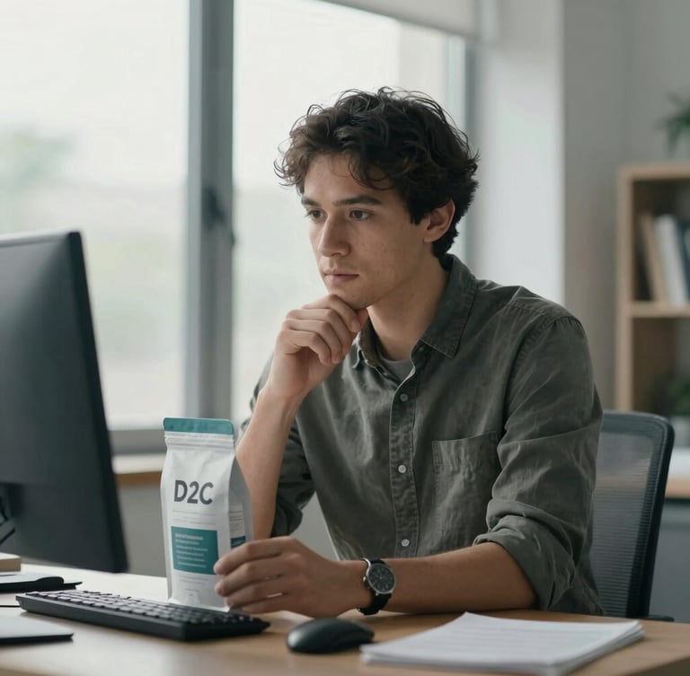 Medium environmental portrait of a founder at a desk, looking thoughtfully at a D2C product packaging, natural window light, cool desaturated tones, shallow depth of field.