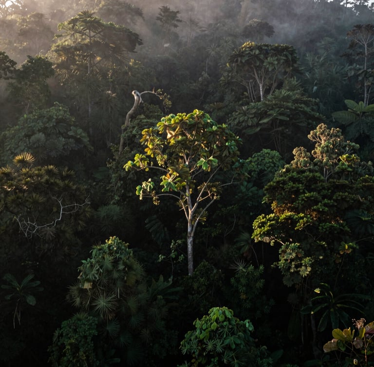 Cinematic wide shot of mist-shrouded volcanic forest canopy of Gunung Kawi, dramatic natural morning light, deep forest green tones, 35mm