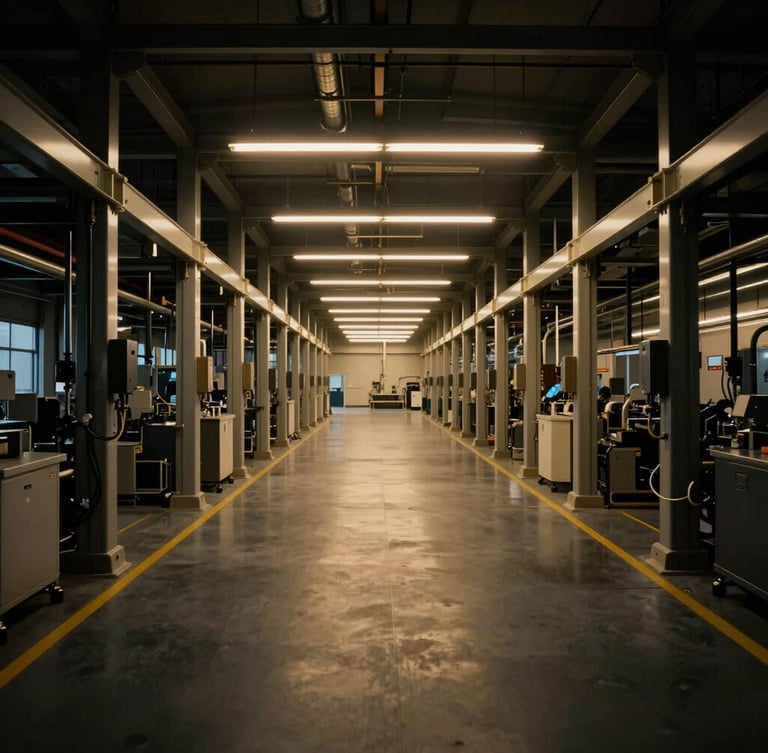 Symmetric wide-angle shot of a clean modern manufacturing floor, low-key dramatic lighting, deep charcoal and metallic gold highlights, 35mm