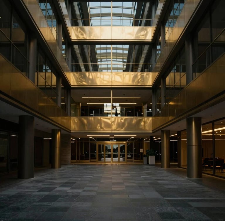 Symmetric architectural wide shot of a modern corporate atrium, low-key dramatic lighting with metallic gold highlights, deep shadows, 35mm