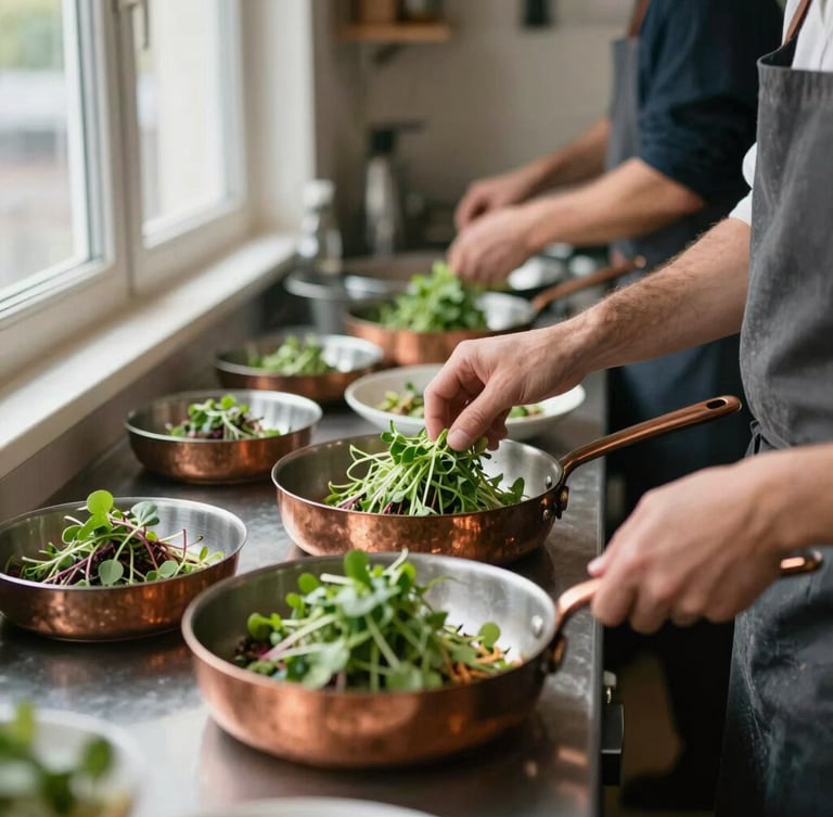 Warm editorial photograph of a busy kitchen prep line on the left, soft natural window light reflecting on copper pans, hands plating fresh microgreens, shallow depth of field, 35mm.