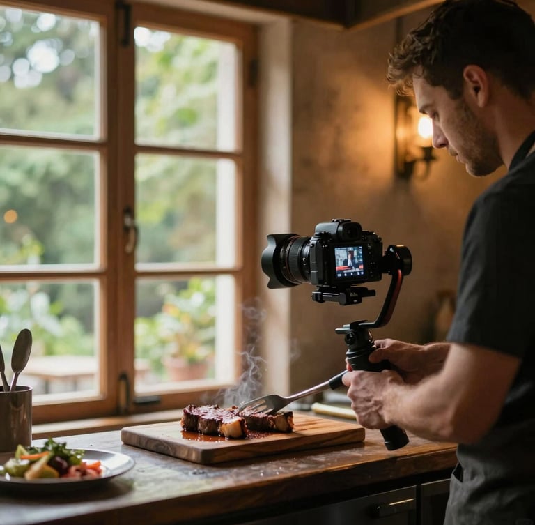 Behind-the-scenes camera setup in a rustic restaurant kitchen, a professional mirrorless camera on a gimbal capturing a chef searing meat, warm ambient window light, 35mm.