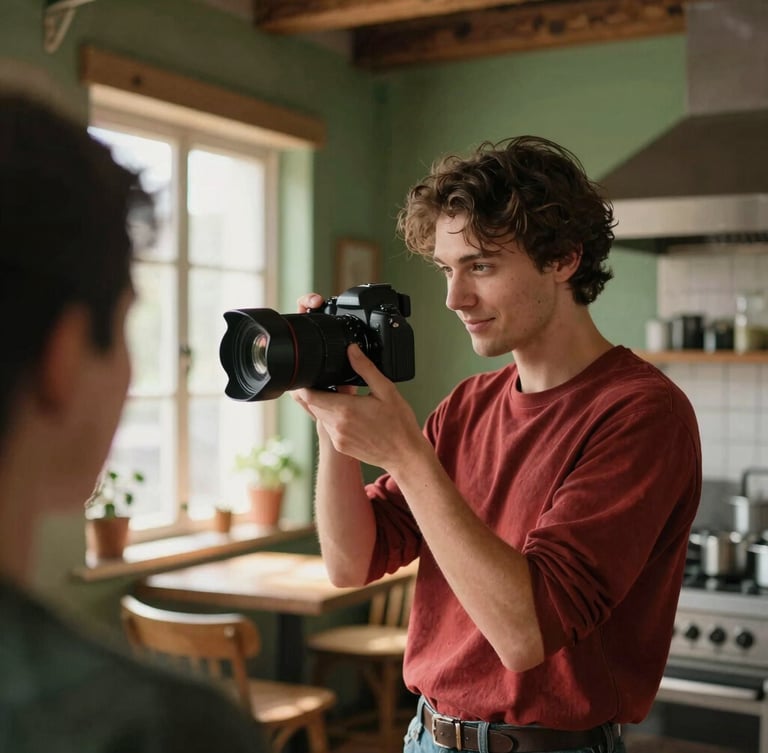 Over-the-shoulder shot of a content creator adjusting a camera lens in a sunlit, rustic restaurant kitchen, warm editorial photography, 35mm.