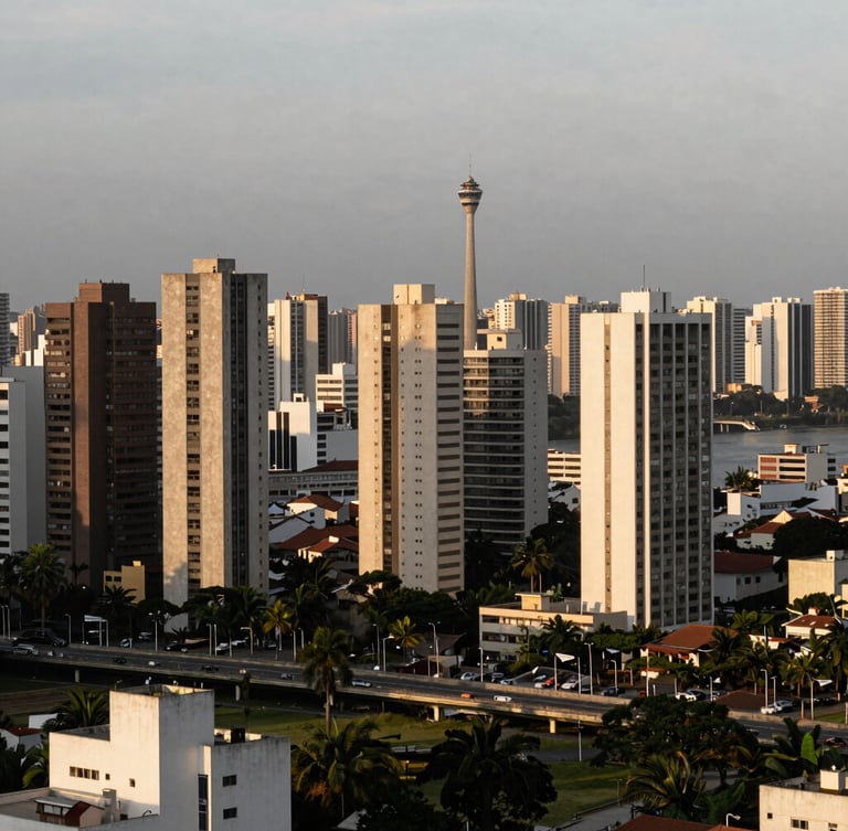 Vista aérea de Porto Alegre ao entardecer, com o Guaíba e a orla em destaque, mostrando o desenvolvimento urbano e a infraestrutura da cidade, com luz natural e tons desaturados, arquitetura moderna.