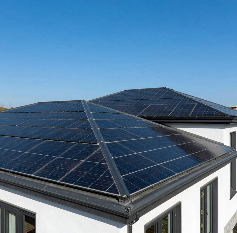 Wide architectural shot of a modern luxury residence with seamlessly integrated black solar tiles on the roof, bright direct sunlight, deep blue sky, sharp focus