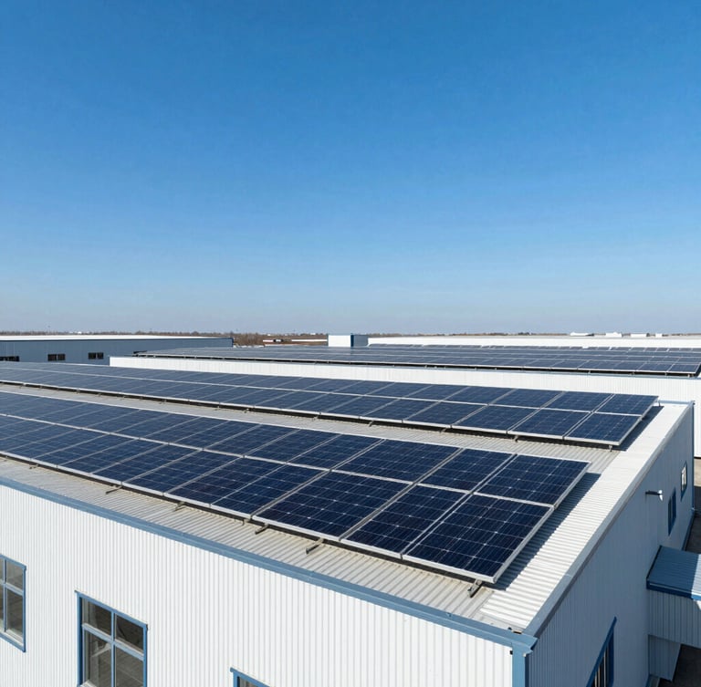 Wide architectural shot of a modern industrial facility roof covered in high-density solar panels, bright direct sunlight, deep blue sky, high-contrast clean lines, 35mm lens