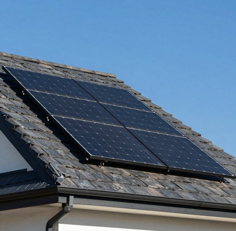 Architectural close-up of premium all-black solar panels installed flush with a dark slate roof of a modern house, sharp clean lines, direct bright sunlight, deep blue sky background