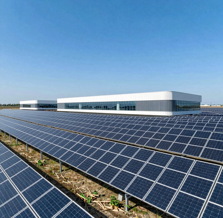 Aerial high-contrast architectural photography of a large solar array integrated into a modern productive farm landscape, deep blue sky, bright direct sunlight, 35mm lens.