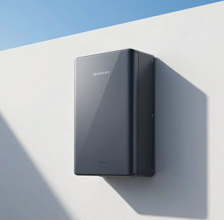 Sleek wall-mounted modern battery storage unit in a clean, minimalist utility room, high-tech engineering aesthetic, crisp lighting