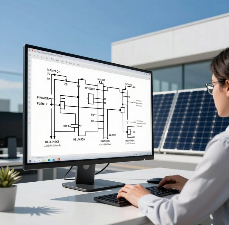 Sleek modern engineering office, an engineer analyzing complex electrical schematics and solar array layout on a large monitor, bright direct daylight, high-contrast clean lines, sharp focus.