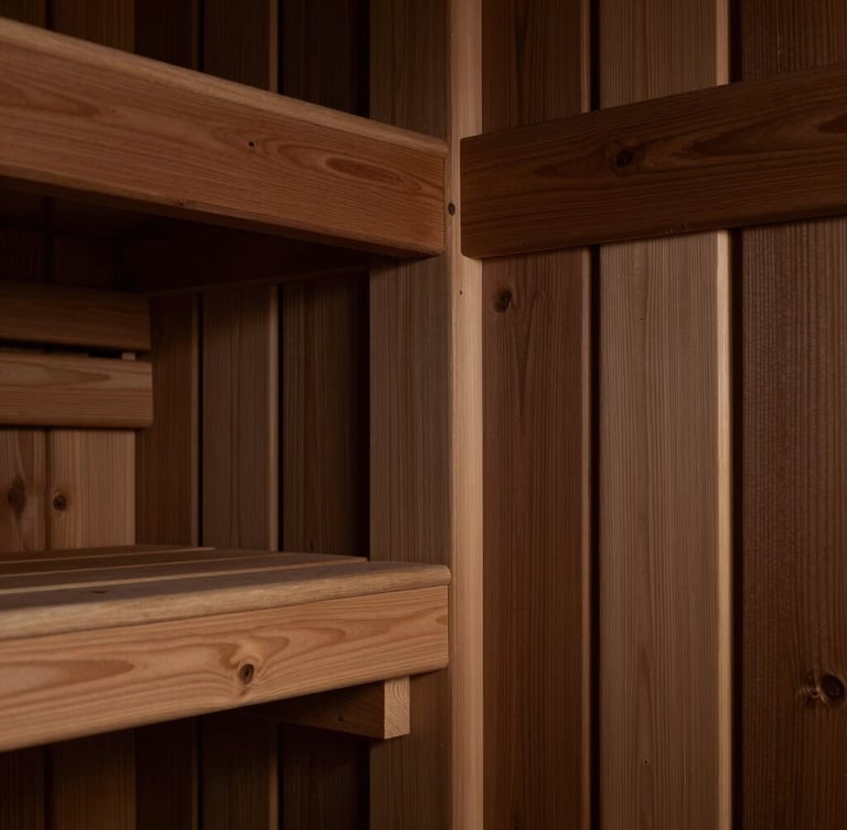 Macro architectural photograph of tight cedar wood joinery, showing the rich grain and precise craftsmanship under dramatic natural side-lighting