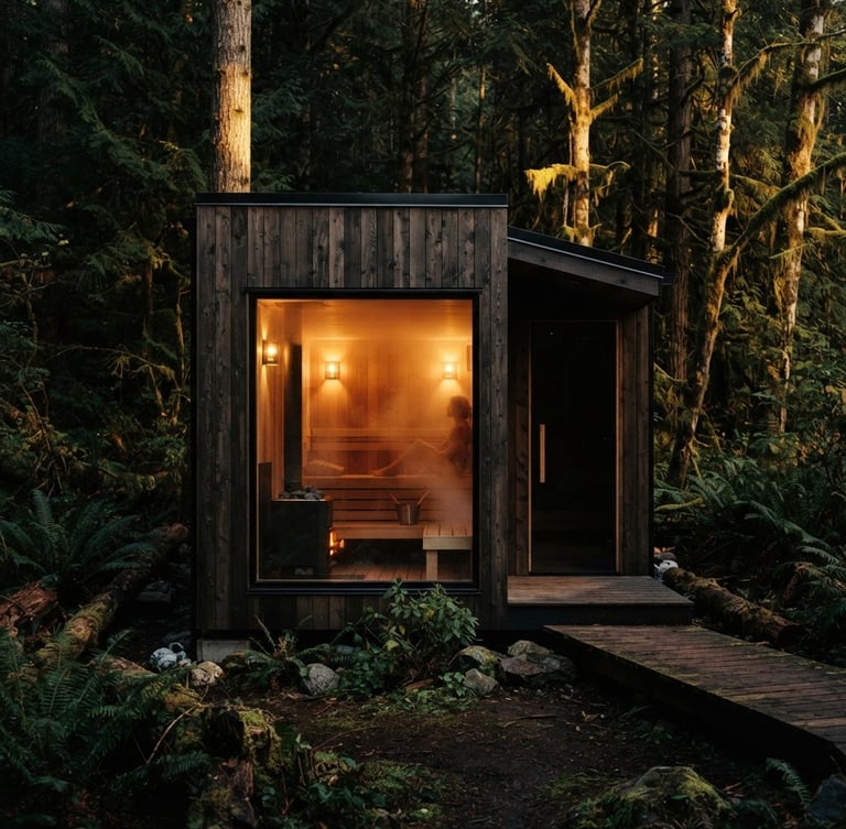 Low-key dramatic architectural shot of a modern outdoor sauna integrated into a Pacific Northwest forest at golden hour, warm internal glow visible through glass, 35mm lens.