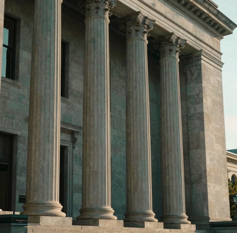 An editorial portrait-oriented shot of a grand institutional courthouse facade, tall stone columns bathed in soft morning sunlight, conveying justice and stability
