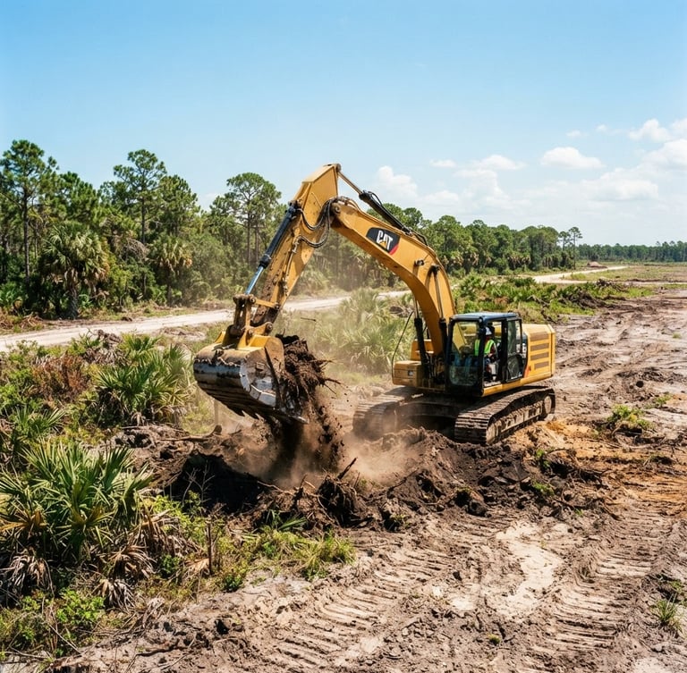 Wide environmental shot of a yellow excavator breaking ground on a raw Florida site, bright harsh daylight, high contrast, vibrant earth tones, wide angle lens.