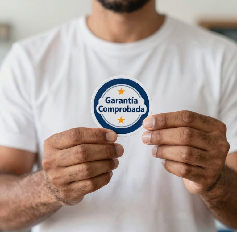 Close-up of a confident local tradesperson's hands holding a 'Garantía Comprobada' badge, with a blurred background of a clean workshop, bright natural daylight.
