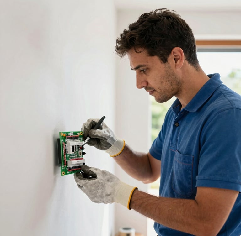 Medium shot of a local electrician checking a circuit board, hands visible, wearing work gloves, in a modern home in Curicó, bright natural daylight, sharp focus, professional and confident demeanor.