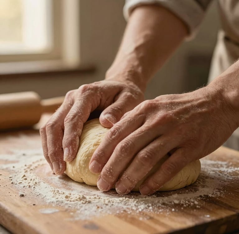 Close-up macro shot of hands gently kneading dough for thekua on a rustic wooden surface, flour dusting the fingers, warm editorial food photography, golden-hour window light, shallow depth of field