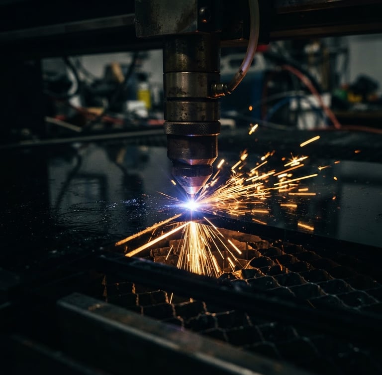 Close-up of a CO2 laser cutting dark acrylic sheet with sharp golden laser sparks, high-contrast dramatic workshop lighting, macro focus, 35mm
