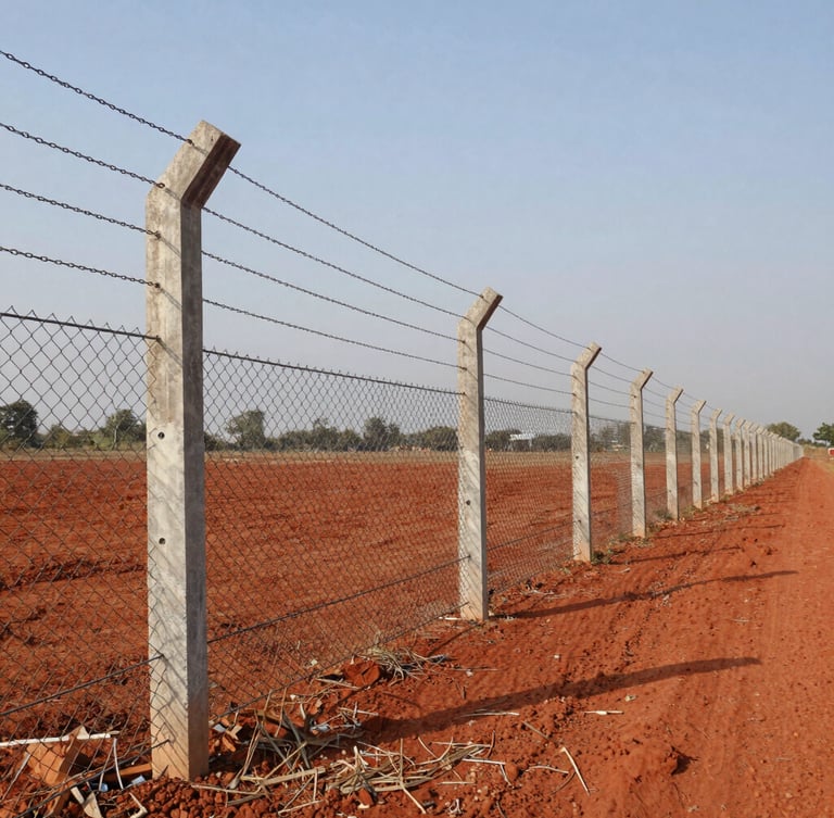 Wide-angle shot of a long, tension-tightened chain link fence stretching across a red soil farm in Gujarat under bright midday sun, reinforced concrete posts visible.