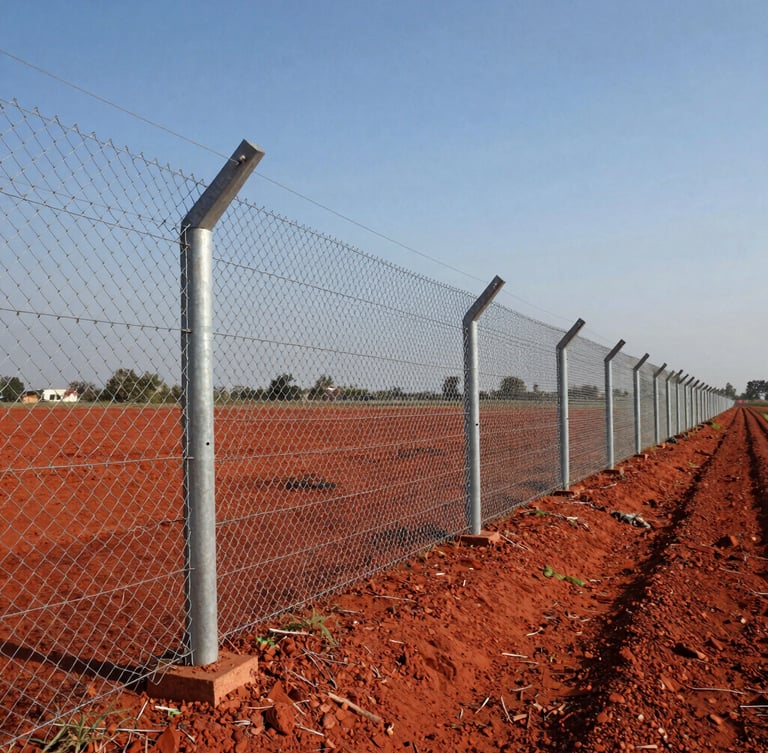 Wide-angle shot of a long, straight galvanized chain-link fence stretching across a red soil agricultural field in Gujarat, bright midday sun reflecting off the metallic wire, concrete RCC poles spaced evenly, clear blue sky.