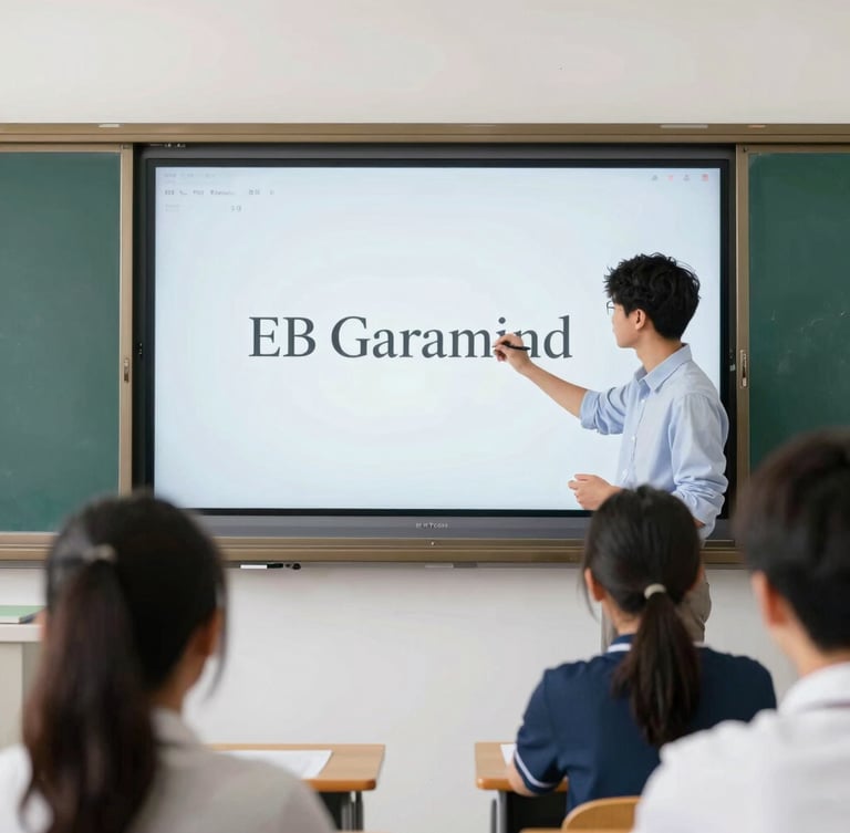 Bright documentary photography, medium shot of a student in a modern smart classroom using an interactive digital board, natural daylight, sharp focus, EB Garamond brand aesthetic.