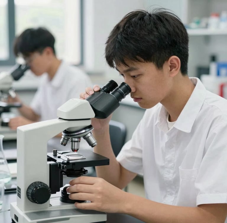 Medium portrait shot of a high school student in a clean modern science laboratory, carefully adjusting a microscope, bright natural daylight, sharp focus.