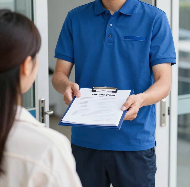 A professional delivery courier in a clean blue uniform handing over a secure document folder to a recipient at an office door, bright natural daylight, crisp focus