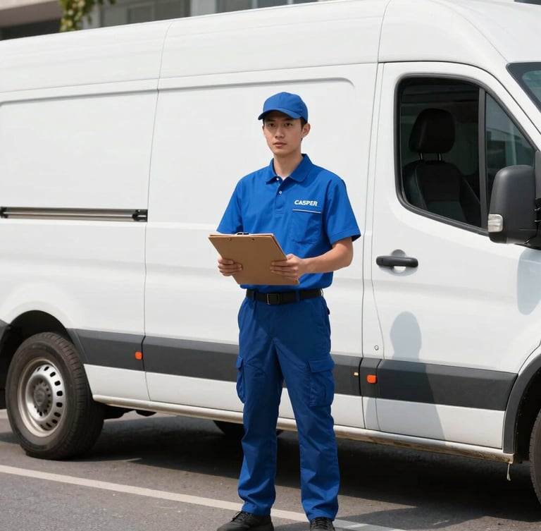 A professional courier holding a secure document folder next to a clean white delivery vehicle on a bright Casper street, daylight