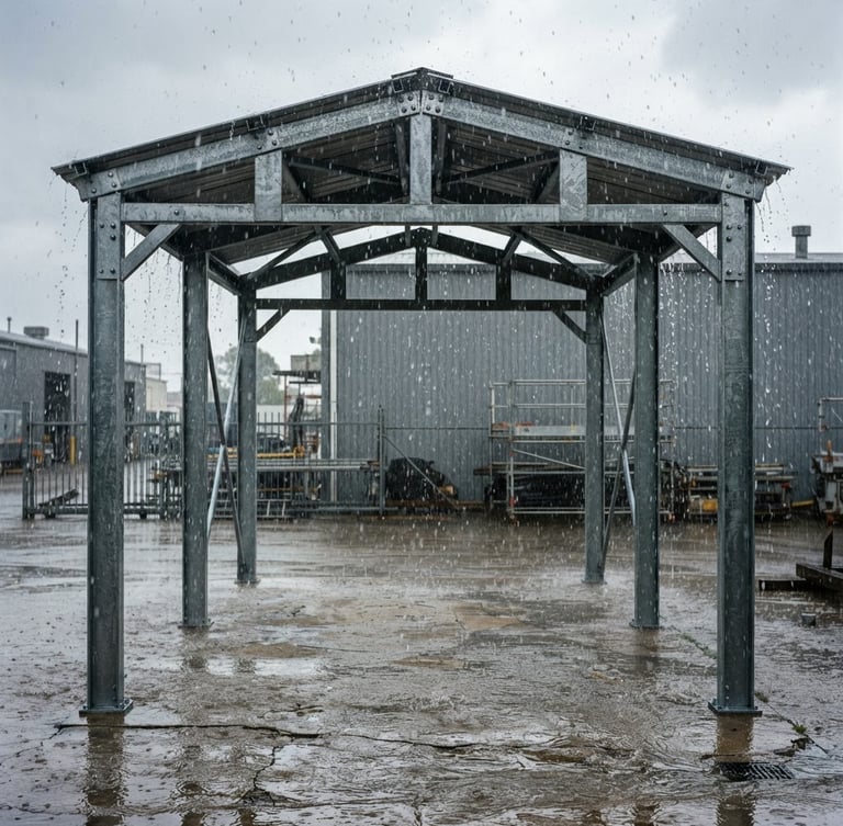 Straight-on eye-level shot of a heavy steel carport frame standing solid under a heavy downpour, sharp water droplets, high-contrast daylight, clean industrial setting