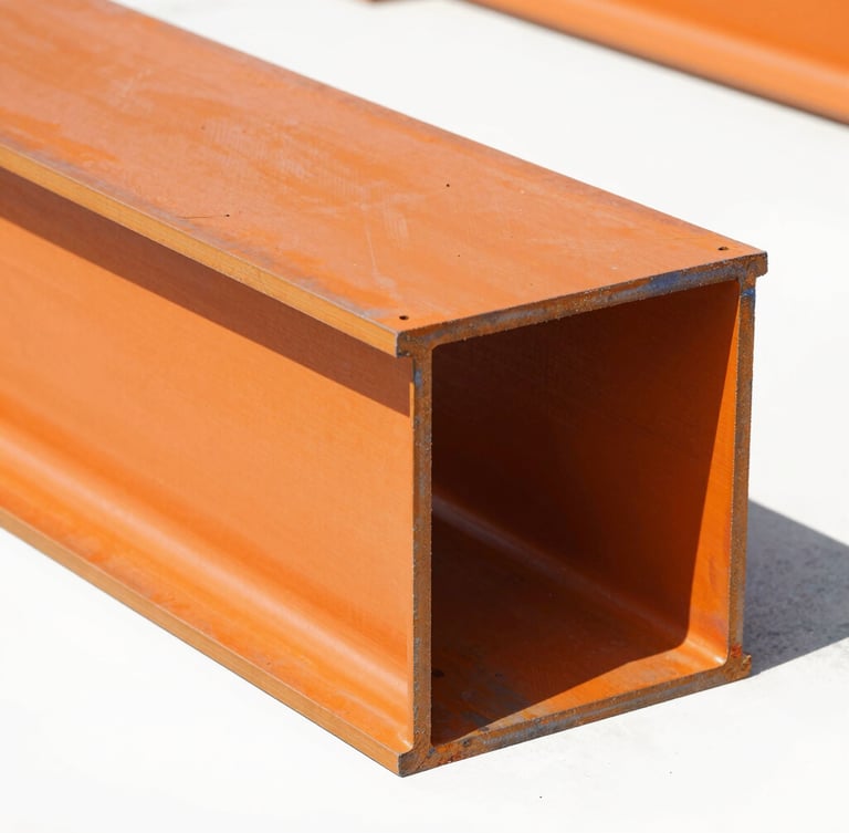 Close-up on heavy-duty structural steel joints, safety-orange painted steel finish, bright workshop lighting, high-contrast realistic tones, sharp focus