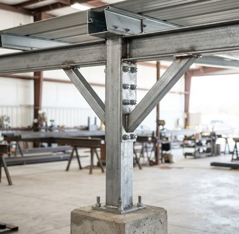 Straight-on eye-level medium shot of heavy-duty steel joints of a carport structure under bright natural daylight, clean workshop setting, sharp focus