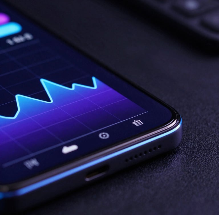 Macro angled perspective shot of a sleek Android phone displaying a performance monitor graph with vibrant blue and purple lines, neon edge-glows reflecting on the dark glass screen, dark workspace background.