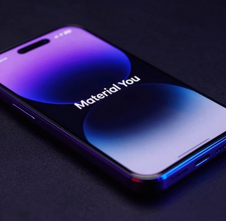 Sleek technology photography, macro close-up of a physical Android smartphone screen displaying a fluid, abstract Material You interface, glowing purple and blue neon edge-glows reflecting off the dark curved glass, low-key moody studio lighting.