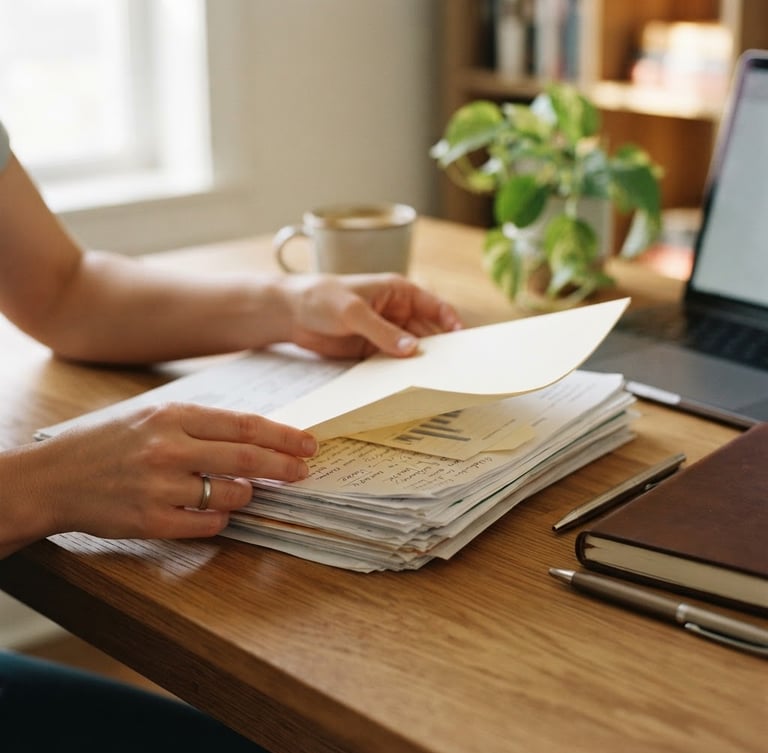 Close-up of hands organizing physical documents on a clean wooden desk, bright natural daylight, professional notebook, soft warm tones, 35mm