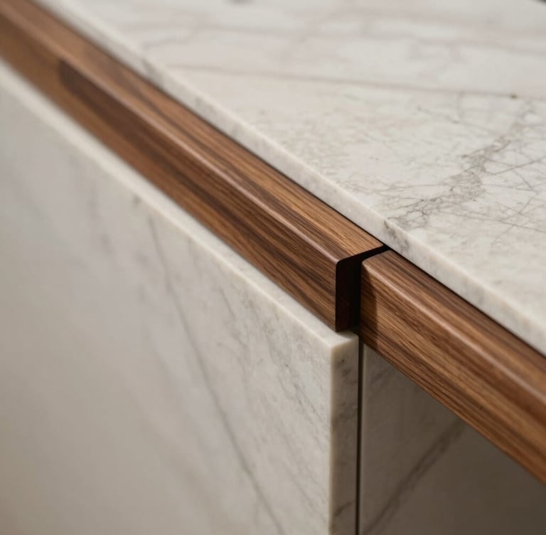 A close-up portrait of a custom walnut wood joint meeting a slab of honed Travertino marble, warm low-angle architectural lighting highlighting the rich textures, sharp focus, negative space on the left.