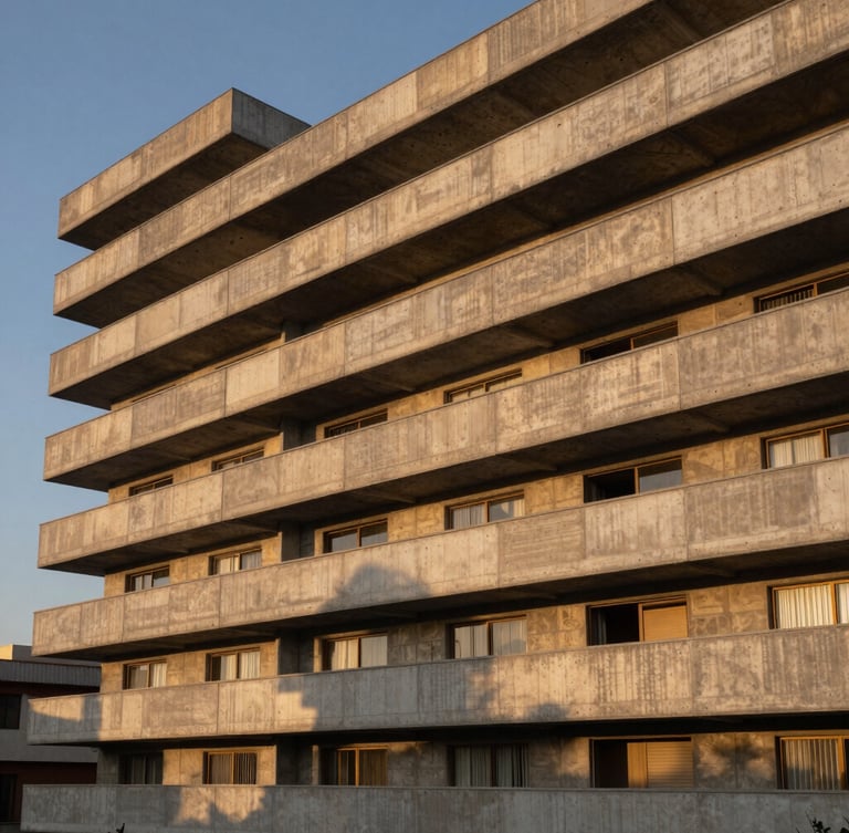 Vista vertical de una fachada residencial de concreto expuesto en Casuarinas a la hora azul, iluminación cálida integrada en los foseados, encuadre geométrico y limpio.