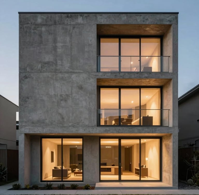 Straight-on architectural elevation of a raw concrete residential facade under dramatic twilight, warm interior lighting glowing through floor-to-ceiling glass, crisp geometric lines, negative space on the left.