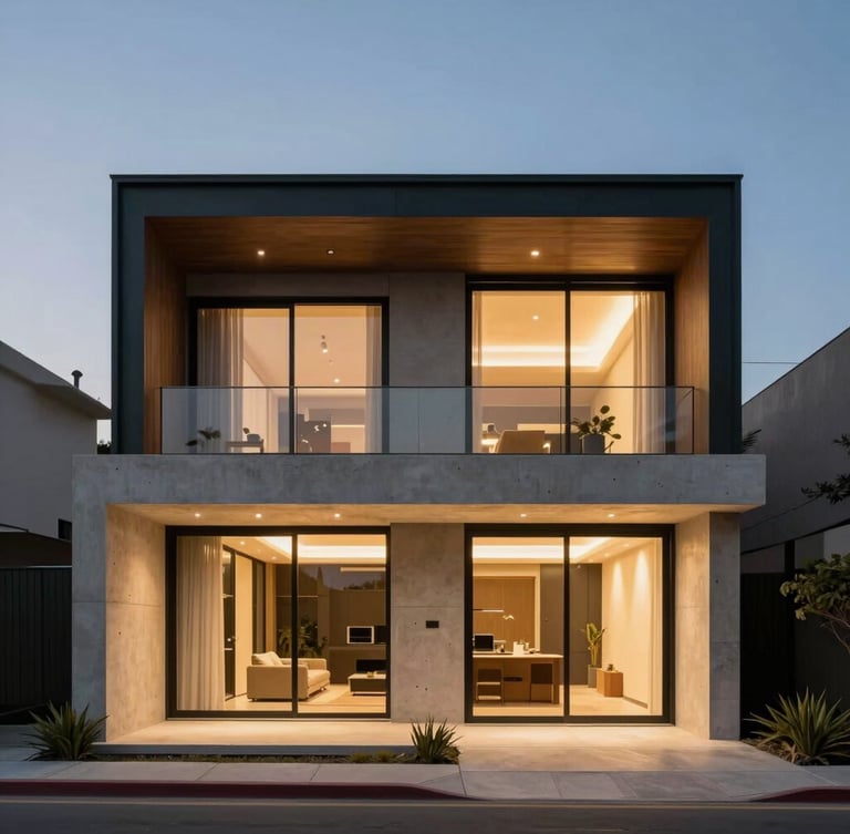 Straight-on architectural elevation of a premium modern residential villa at twilight, warm low-angle lighting glowing from open glass facades, raw concrete and dark steel lines, Surco Lima style.