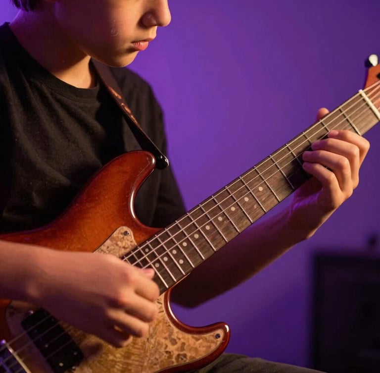 Close-up of hands guiding a young student's fingers on electric guitar frets, warm dramatic studio lighting, purple backlights, shallow depth of field