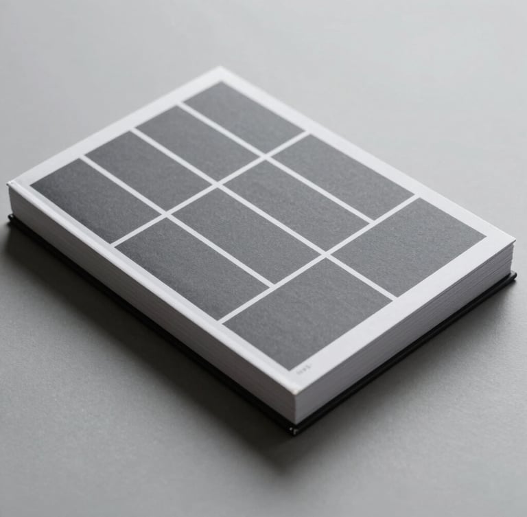 Straight-on orthographic projection of a highly structured brand guideline book, cool graphite gray and clean white, sharp high-contrast shadows.